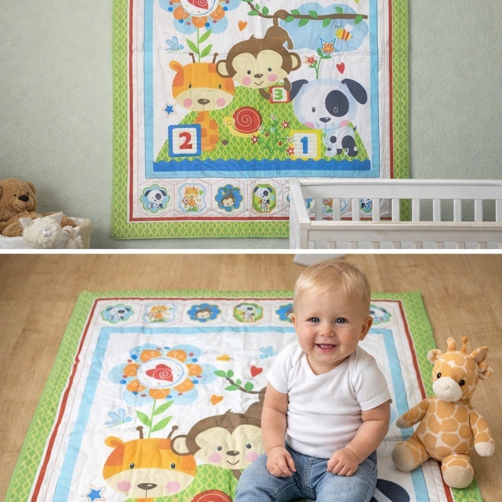 Vintage Handmade Baby Quilt Wall Hanging 36"x36" Monkey Giraffe Puppy‎ Nursery